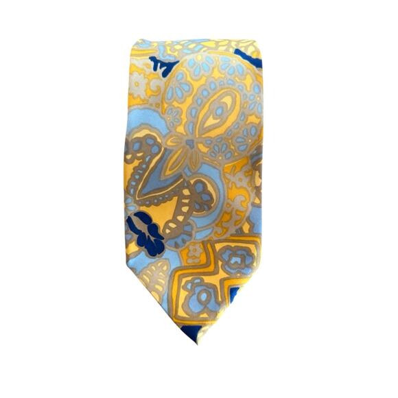 Vintage LANVIN Silk Tie 70s EUC Yellow Gold Blue France Abstract Floral Paisley - Picture 7 of 7